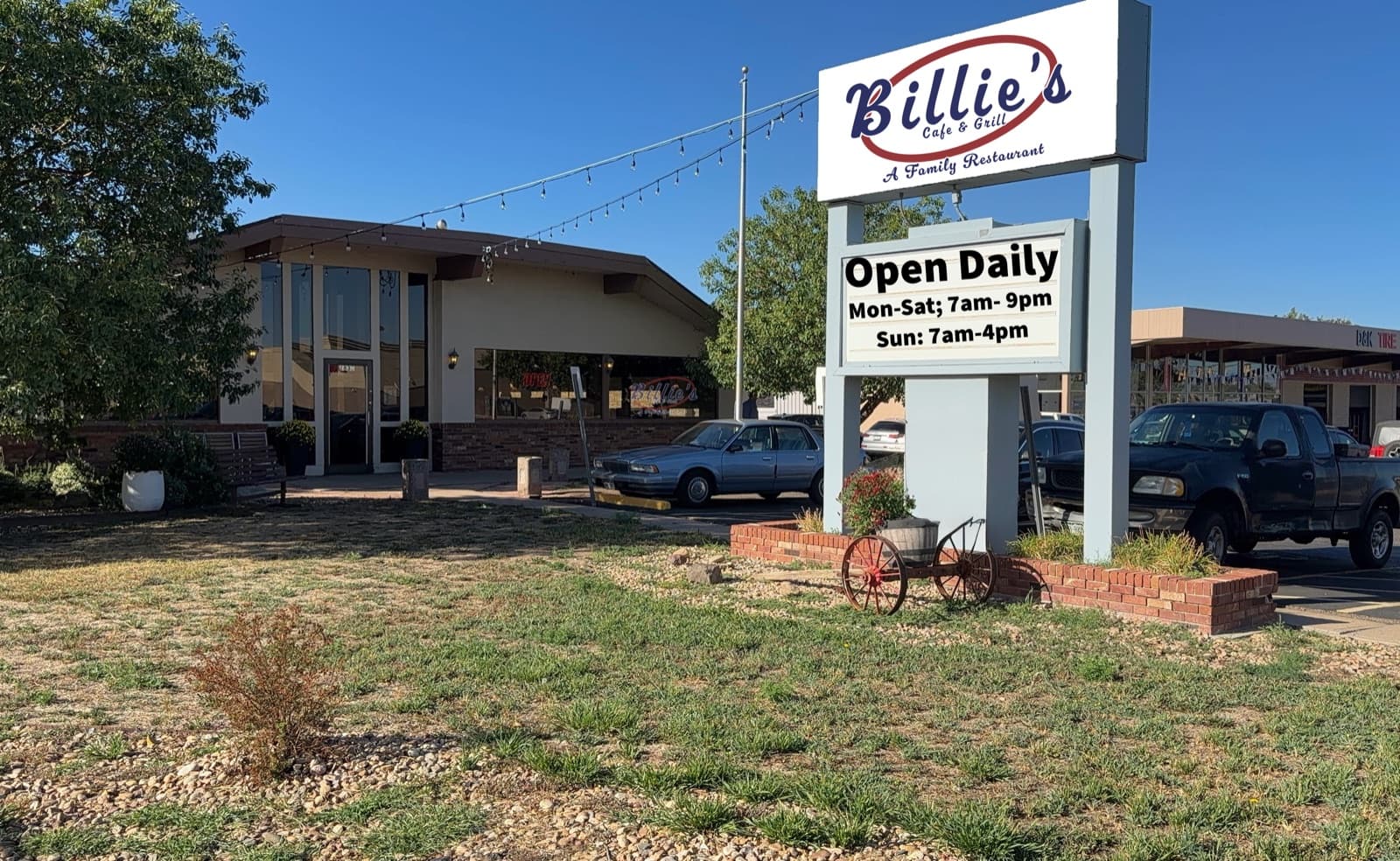 Billie's Cafe And Grill storefront and sign in Brighton, CO